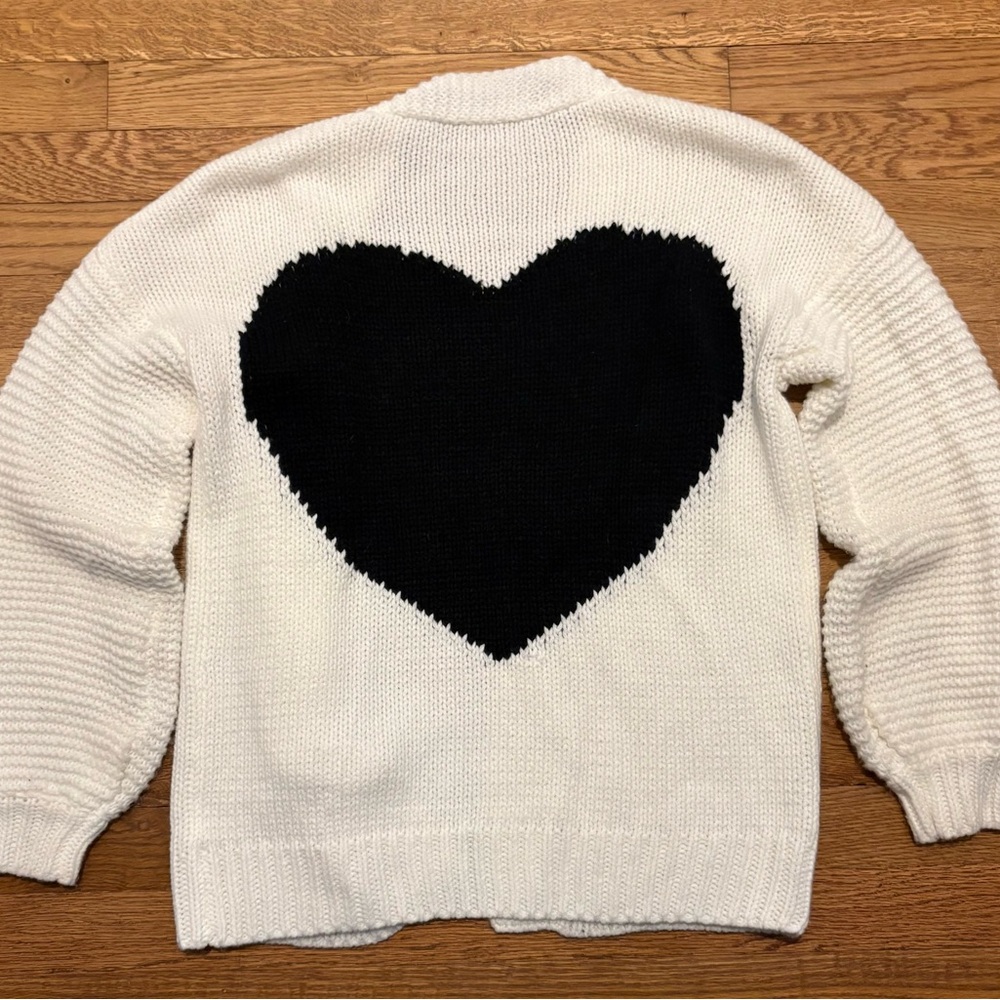 White Cardigan Sweater with Black Heart Design